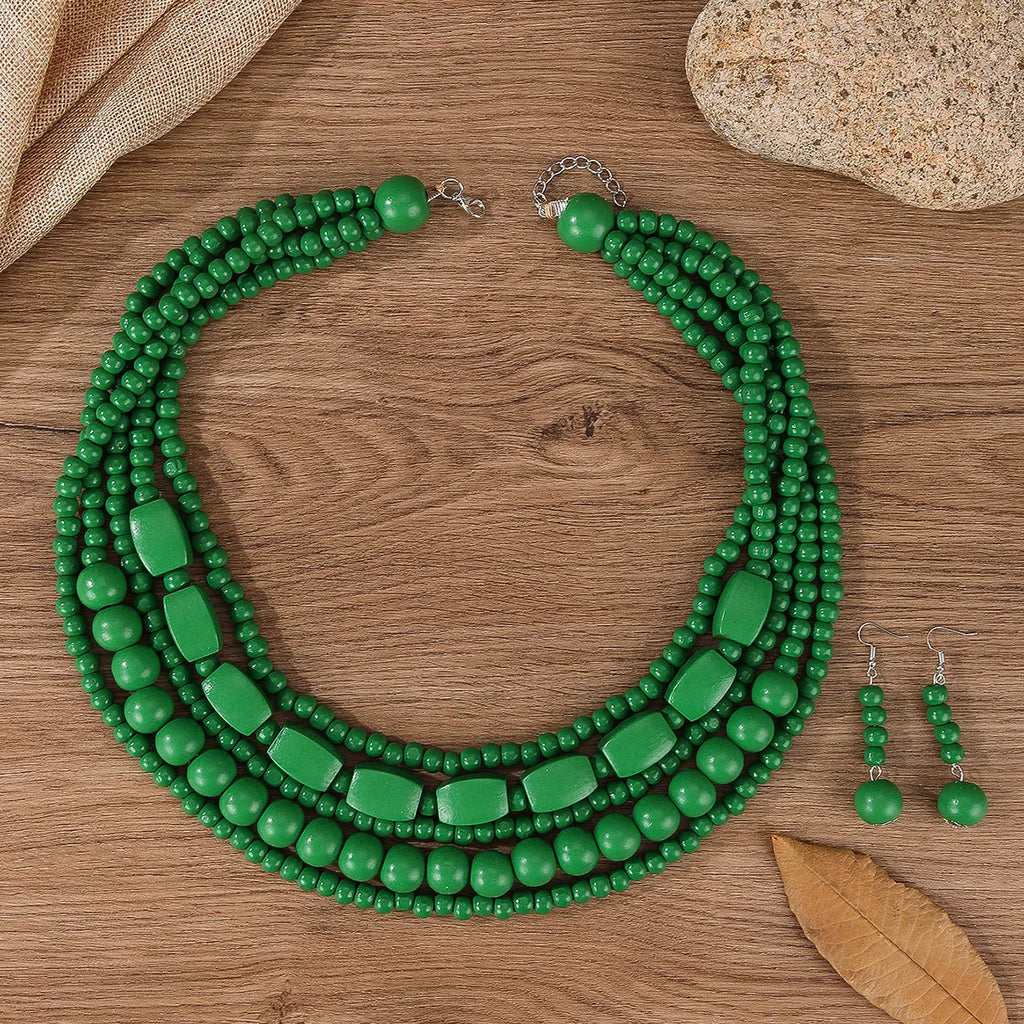 Bohemian Wooden Bead Necklace & Earring Set