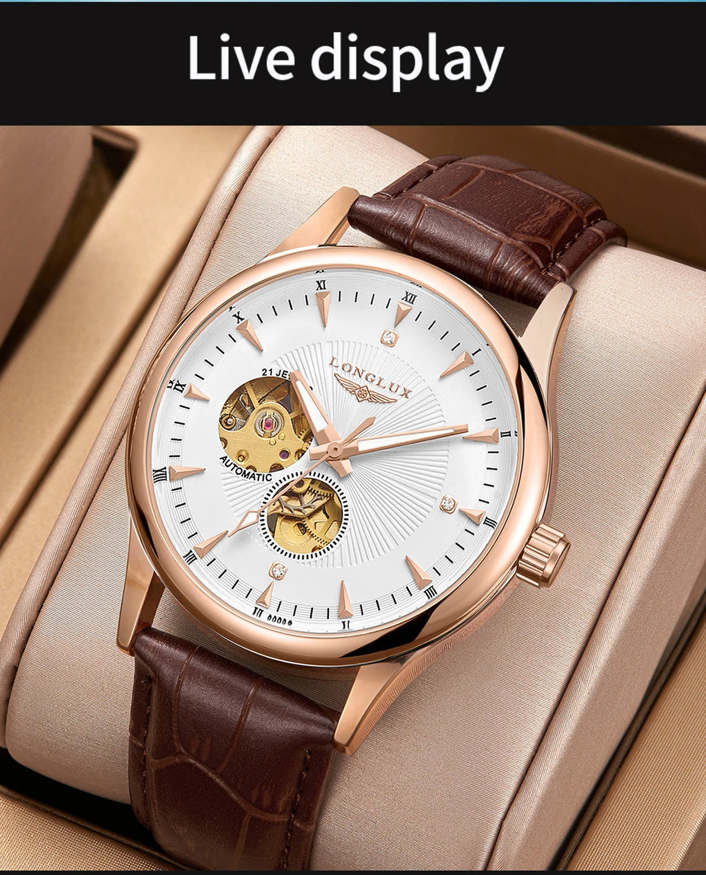 LONGLUX Automatic Watch Elegant Style Wholesale Mechanical Wristwatches Skeleton Rome Waterproof Mens Watch Men Gift