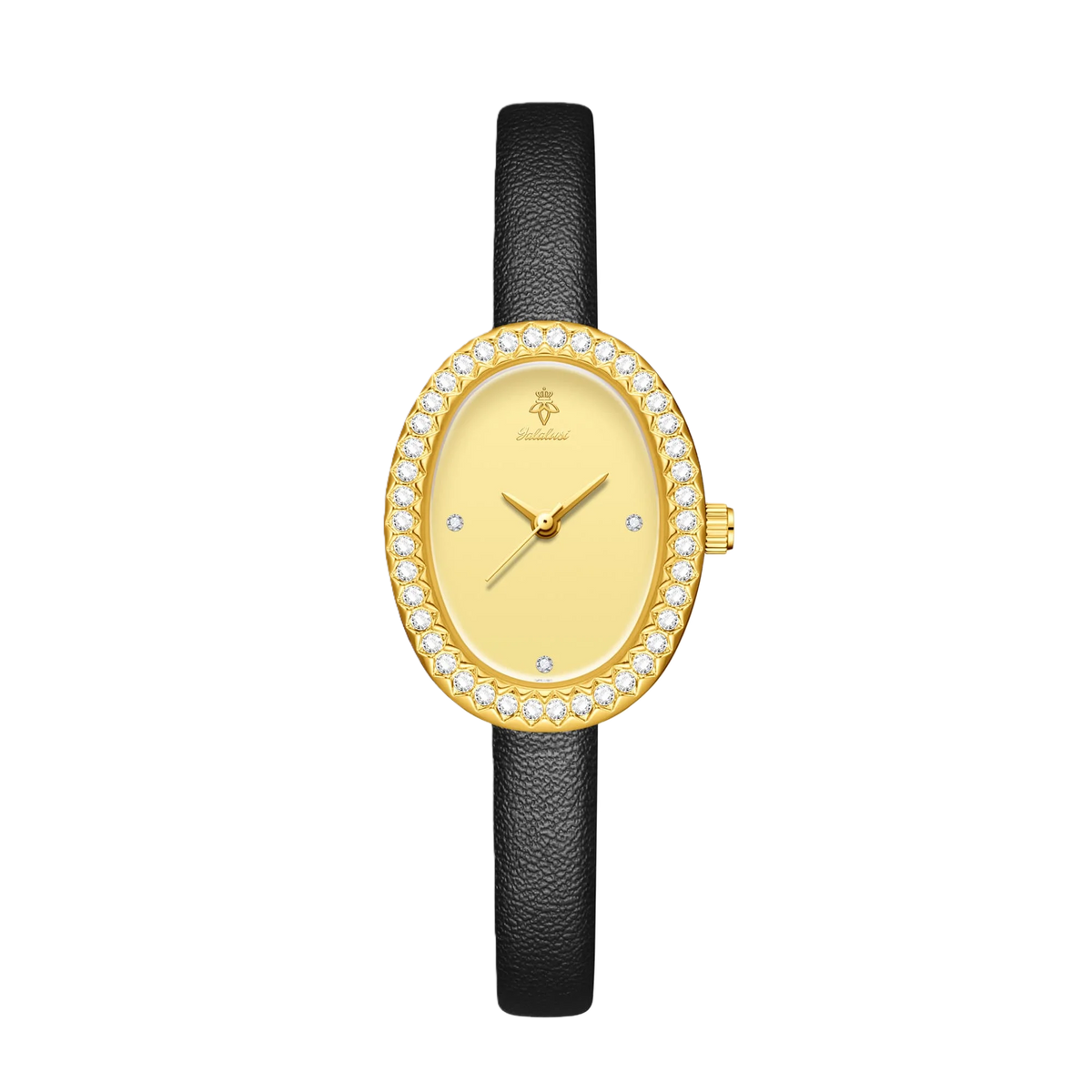 YaLaLuSi Luxury Ladies’ Watch with Rhinestone-Trimmed Oval Dial, Leather Strap and Water-Resistant Quartz Movement