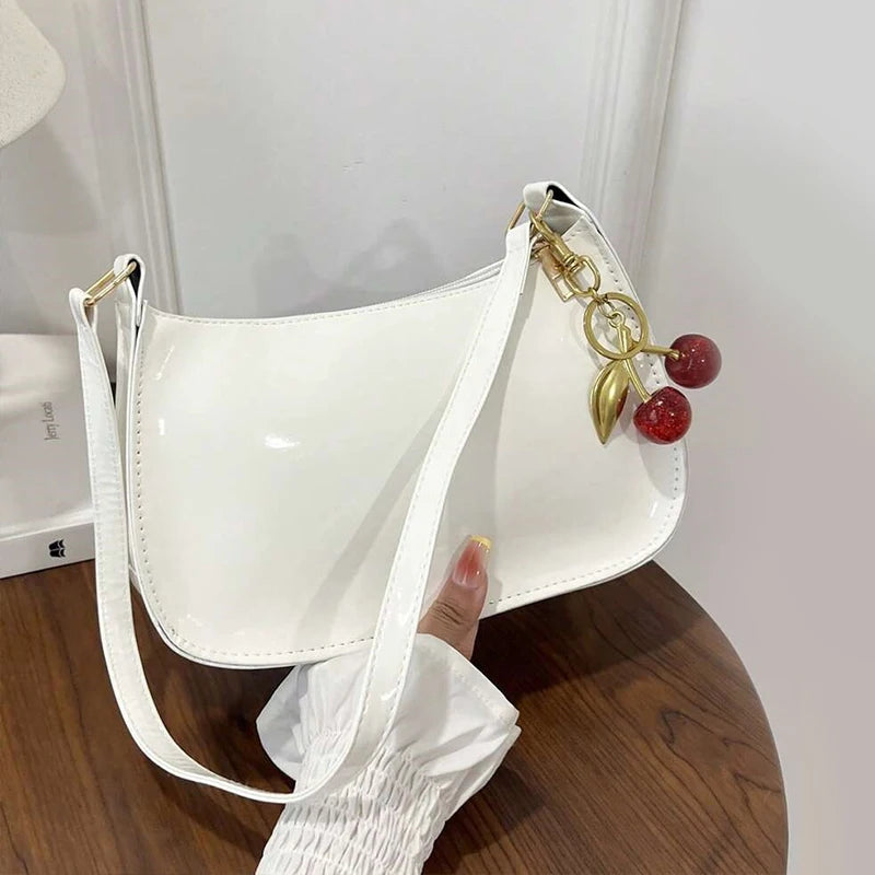 Women's PU Leather Handbag Versatile Fashion Solid Color Cherry Pendant Shoulder Bag Casual Commuting Bag Girl Underarm Bag