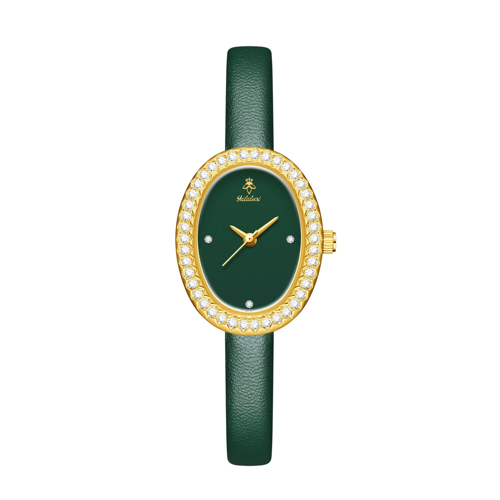 YaLaLuSi Luxury Ladies’ Watch with Rhinestone-Trimmed Oval Dial, Leather Strap and Water-Resistant Quartz Movement