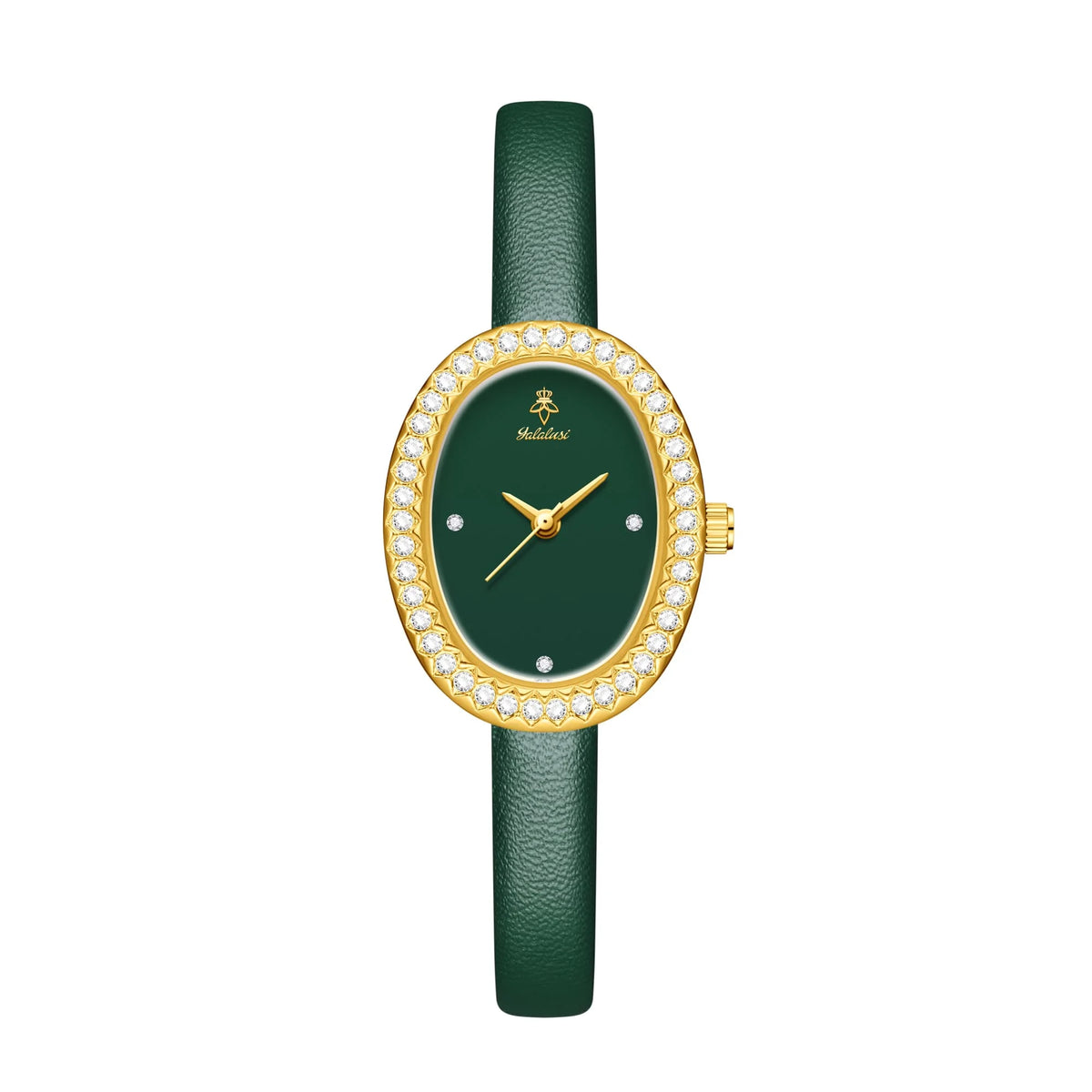 YaLaLuSi Luxury Ladies’ Watch with Rhinestone-Trimmed Oval Dial, Leather Strap and Water-Resistant Quartz Movement