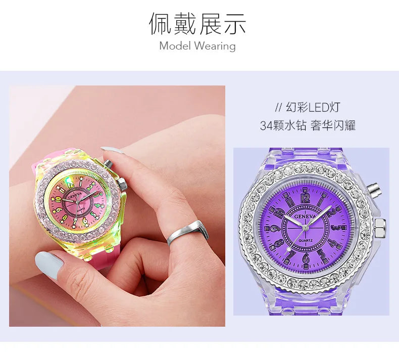 LED Light Flash Luminous Watches Women Men Boys Girls Silicone Wrist Watch Fashion Rhinestone Clock Kids Children Relogio Saati