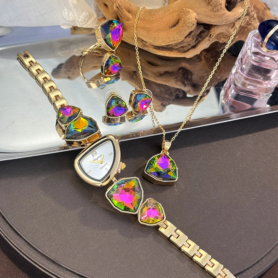 Luxury Ladies Quartz Watch  Colorful Diamond Irregular Shape Necklace Ring Earrings Jewelry Set Four-Piece Gift Set Trendsetter