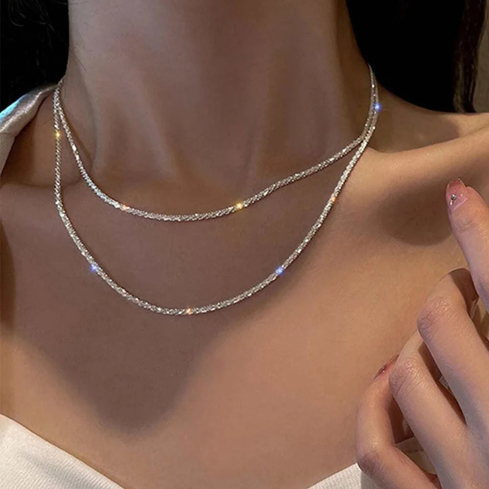 Sparkling Silver Clavicle Chain Choker Necklace