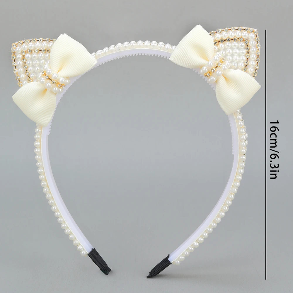 Cat Ear Headbands Sweet Cute Ears Elegant Pearl Bow Hairband For Girls Sweet Head Band Children Kid Hair Hoop Accessories Tiara