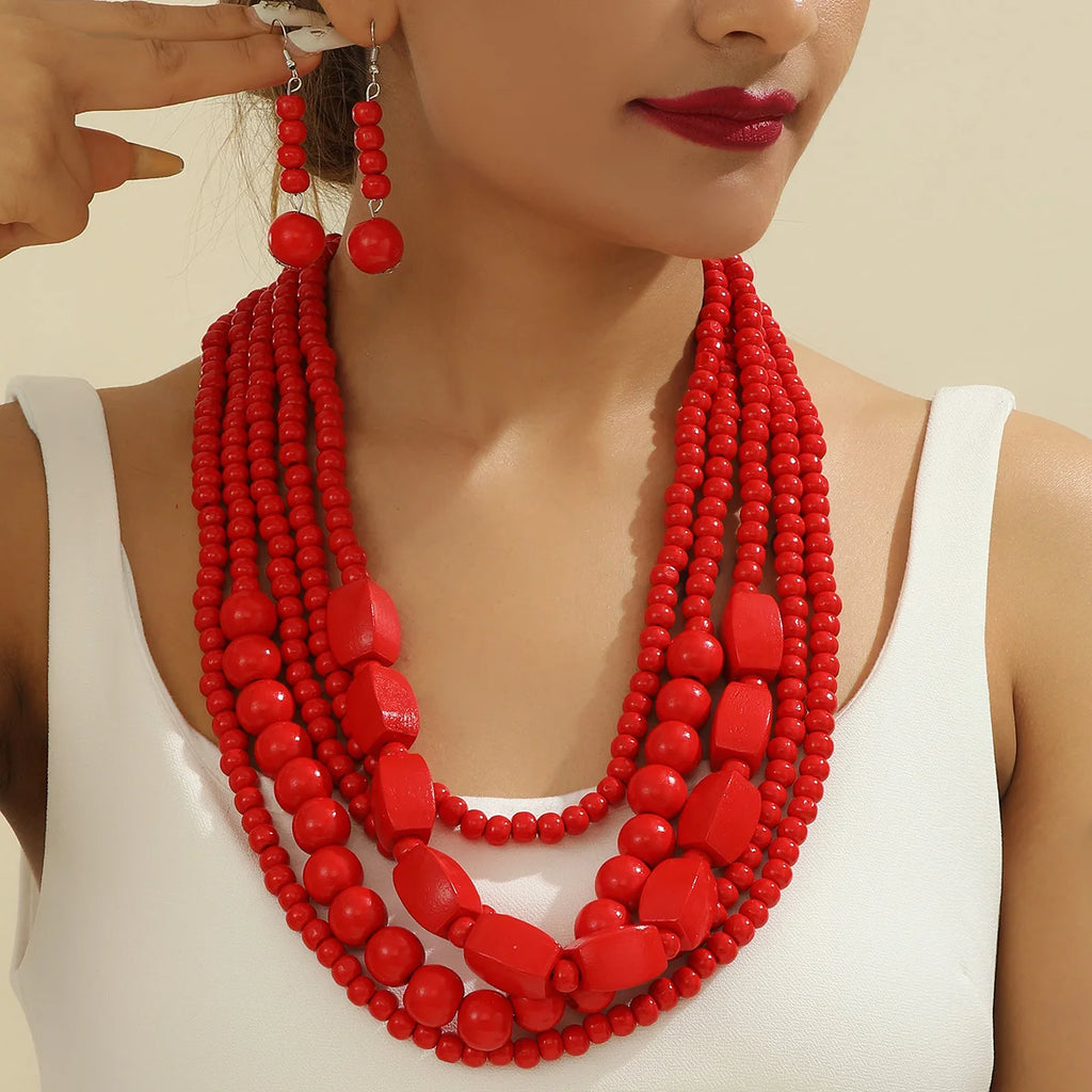 Bohemian Wooden Bead Necklace & Earring Set