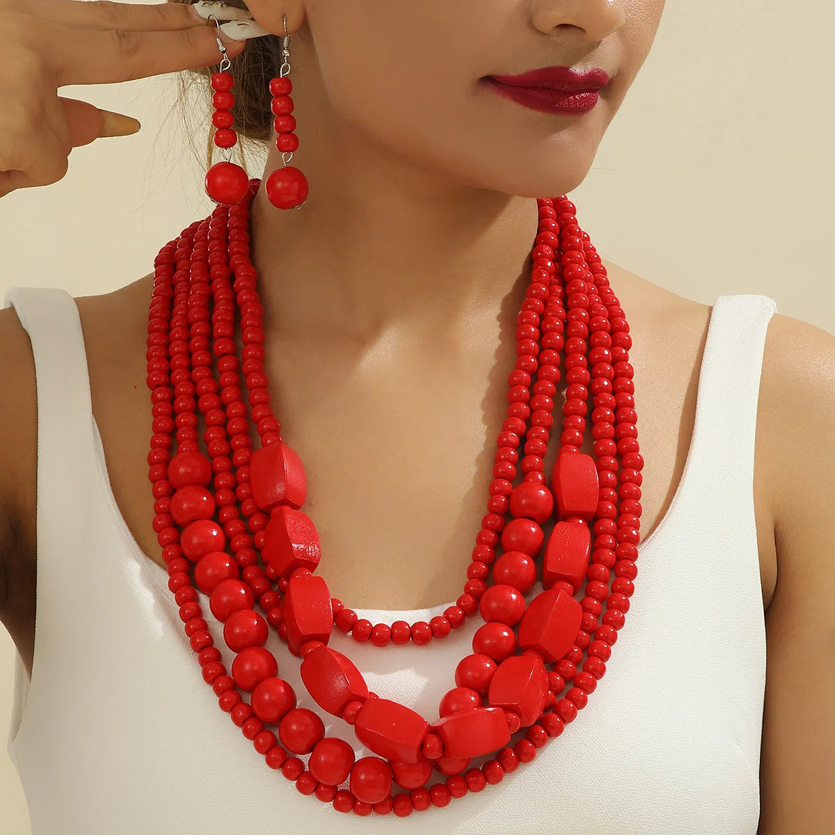 Bohemian Wooden Bead Necklace & Earring Set