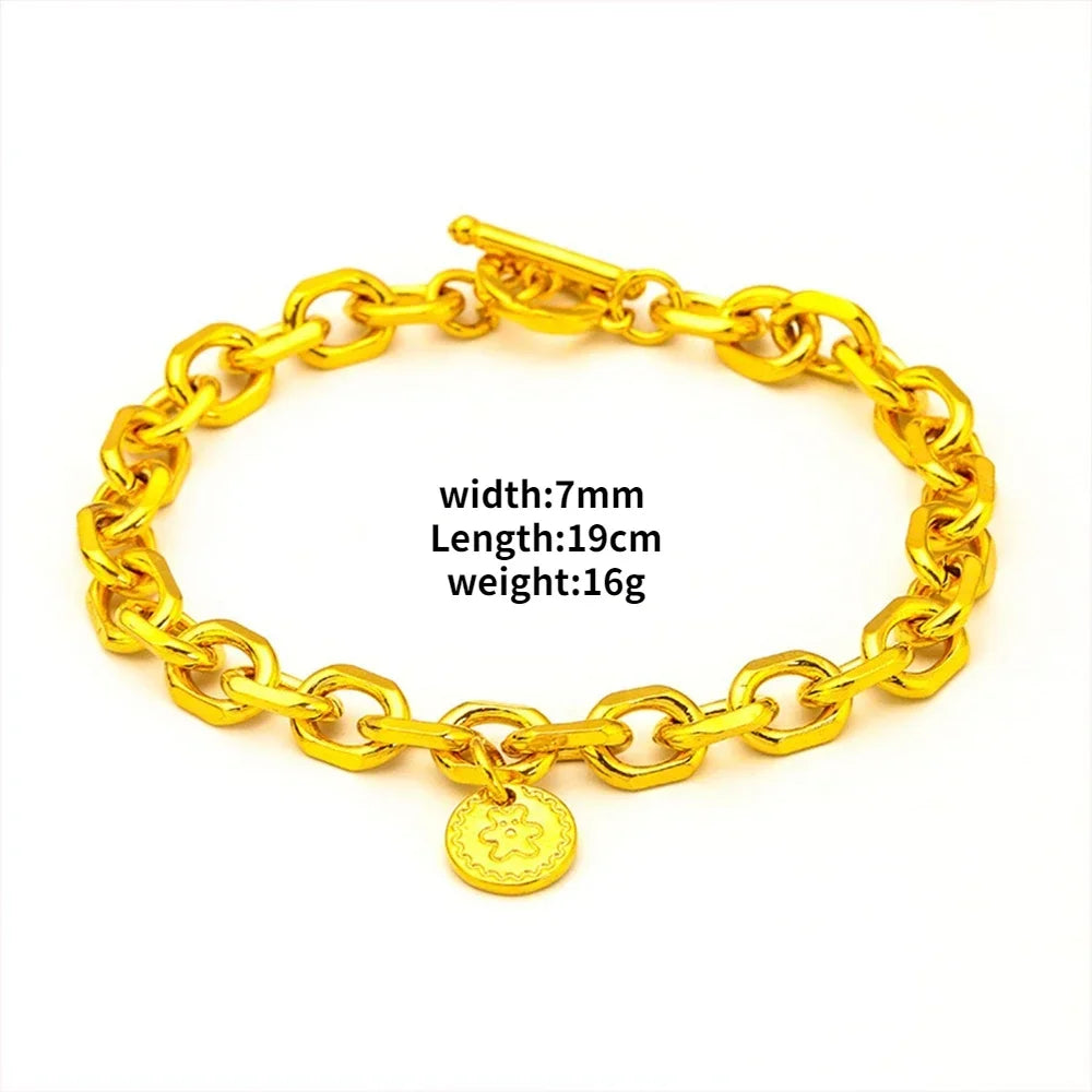 Luxury 18 KT O Link Bracelet for Women Pure Gold Color Circular Pendant Bracelet Matte Wedding Anniversary Fine Jewelry Gifts