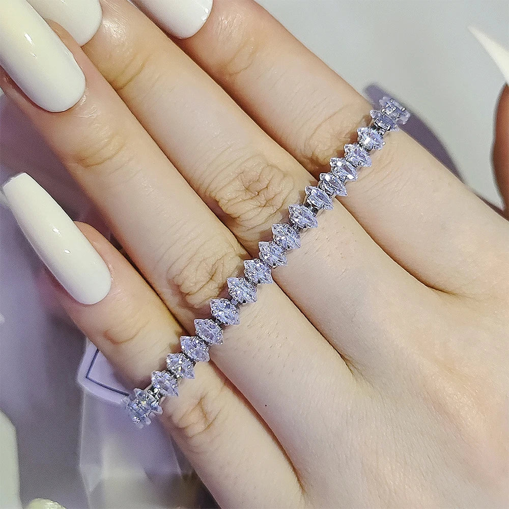 2024 New Marquise Oval Square Cut Luxury Silver Color on Hand Tennis Bracelet Bangle for Women Party Gift Jewelry S7062