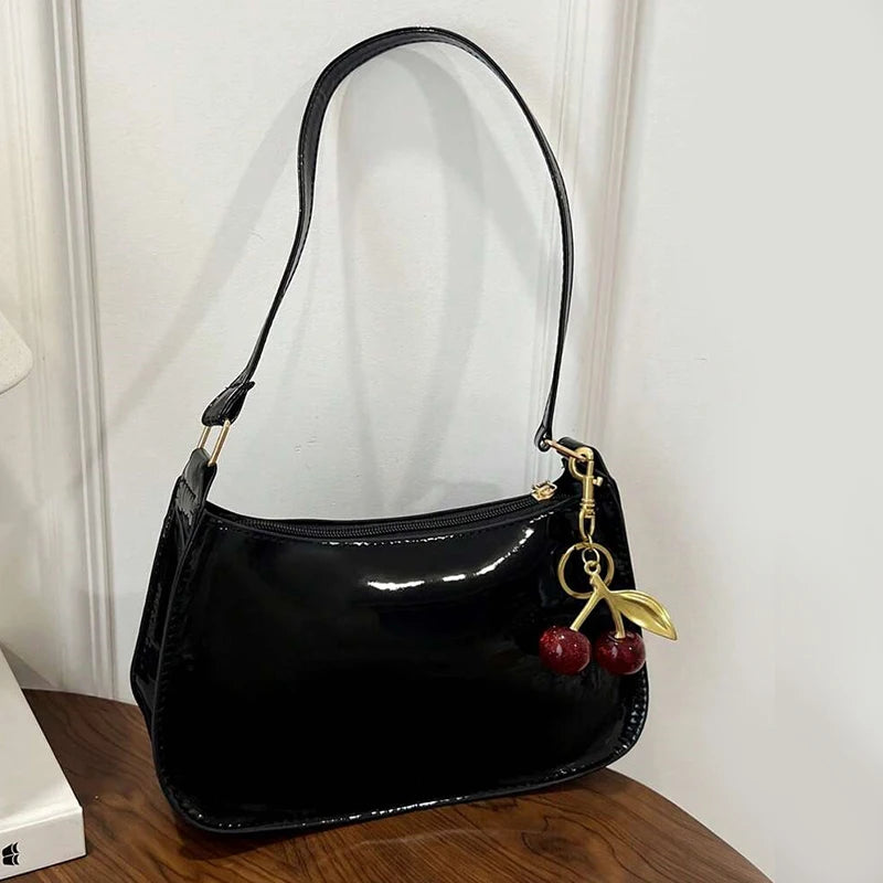 Women's PU Leather Handbag Versatile Fashion Solid Color Cherry Pendant Shoulder Bag Casual Commuting Bag Girl Underarm Bag