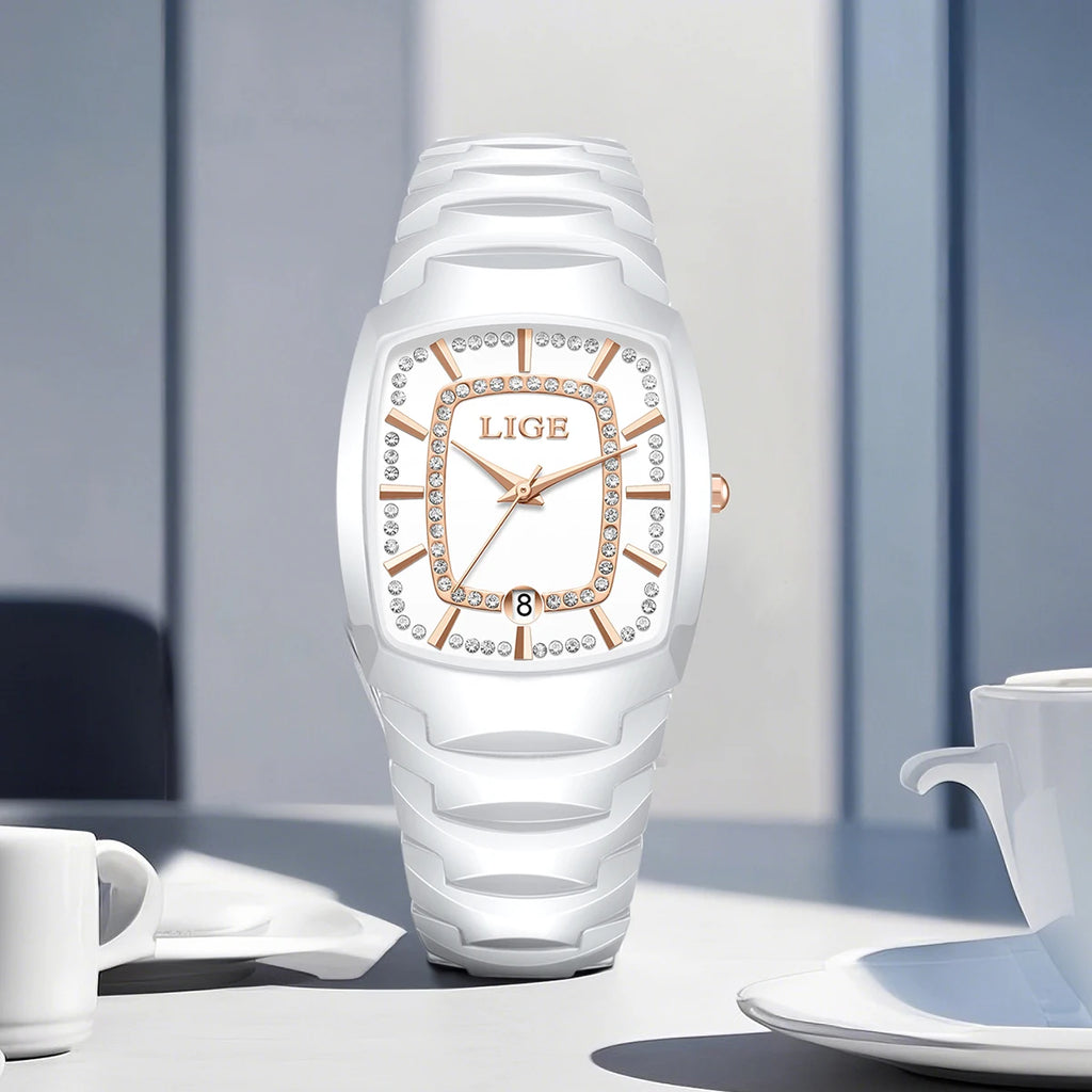 LIGE Luxury Quartz Watch for Woman Ceramic Waterproof Ladies Watch High Quality Female Clock Elegant Women's Watches+Box