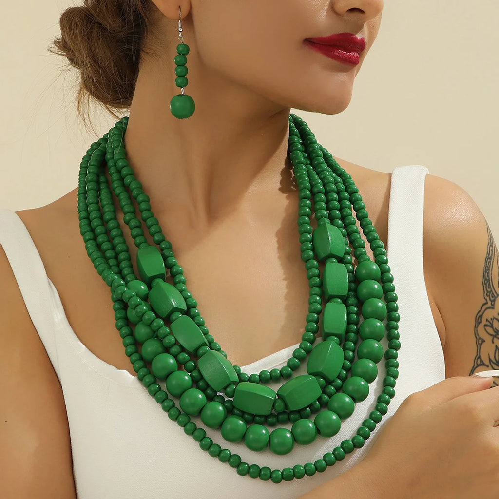 Bohemian Wooden Bead Necklace & Earring Set