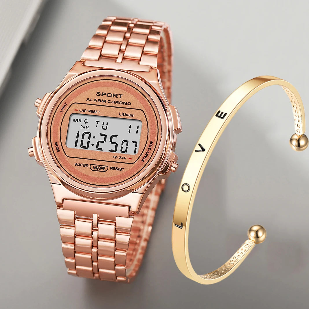 Light-luxury Women Watches Set Ladies Electronic Wristwatch with Bracelet Retro Style LED Digital Display Sports Clock