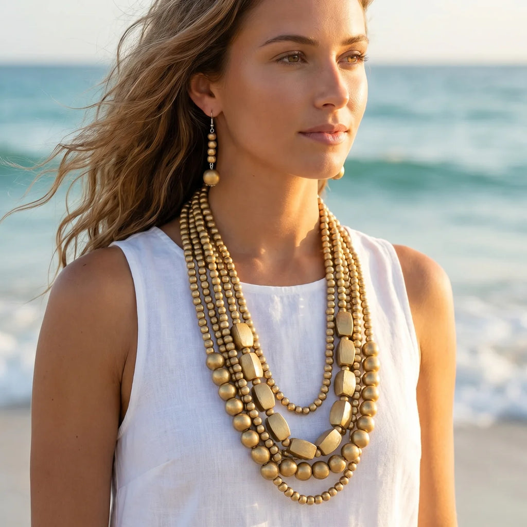 Bohemian Wooden Bead Necklace & Earring Set