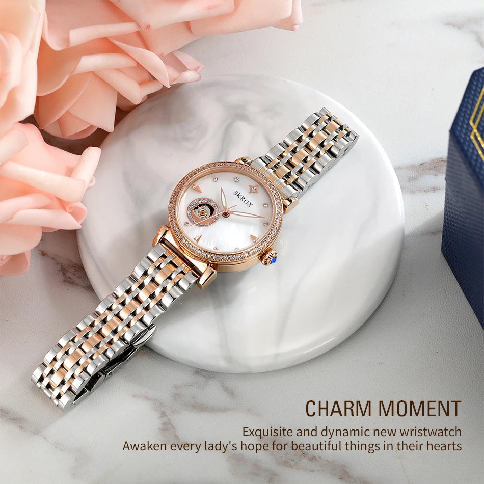 2024Luxury Rose Gold Diamond Woman Watch Mechanical Automatic Movement Ladies Watches Stainless Steel Elegant Women's Wristwatch