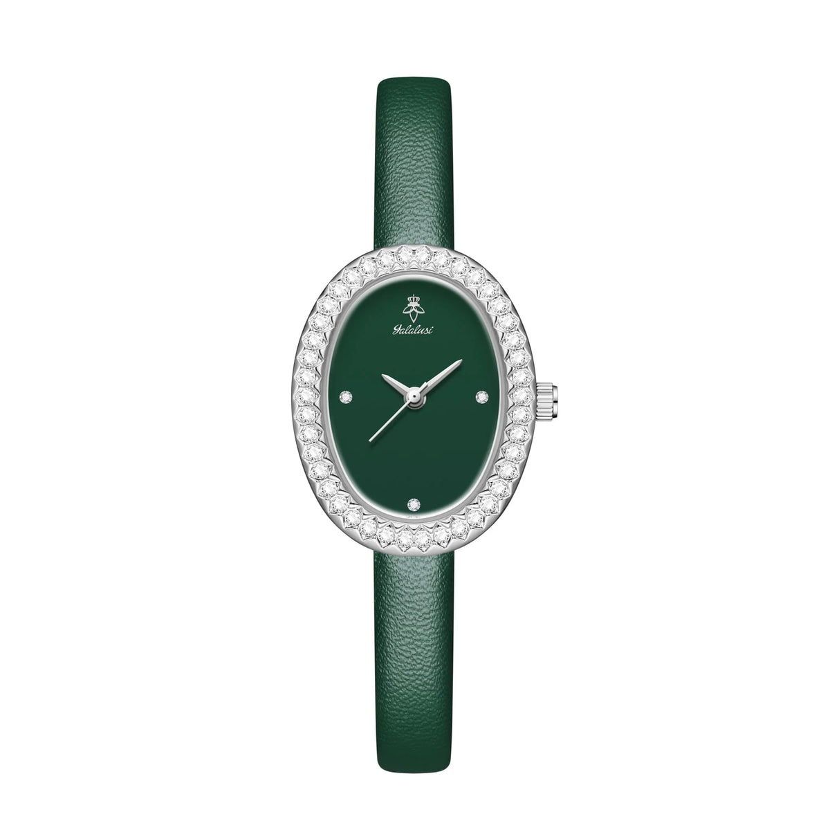 YaLaLuSi Luxury Ladies’ Watch with Rhinestone-Trimmed Oval Dial, Leather Strap and Water-Resistant Quartz Movement
