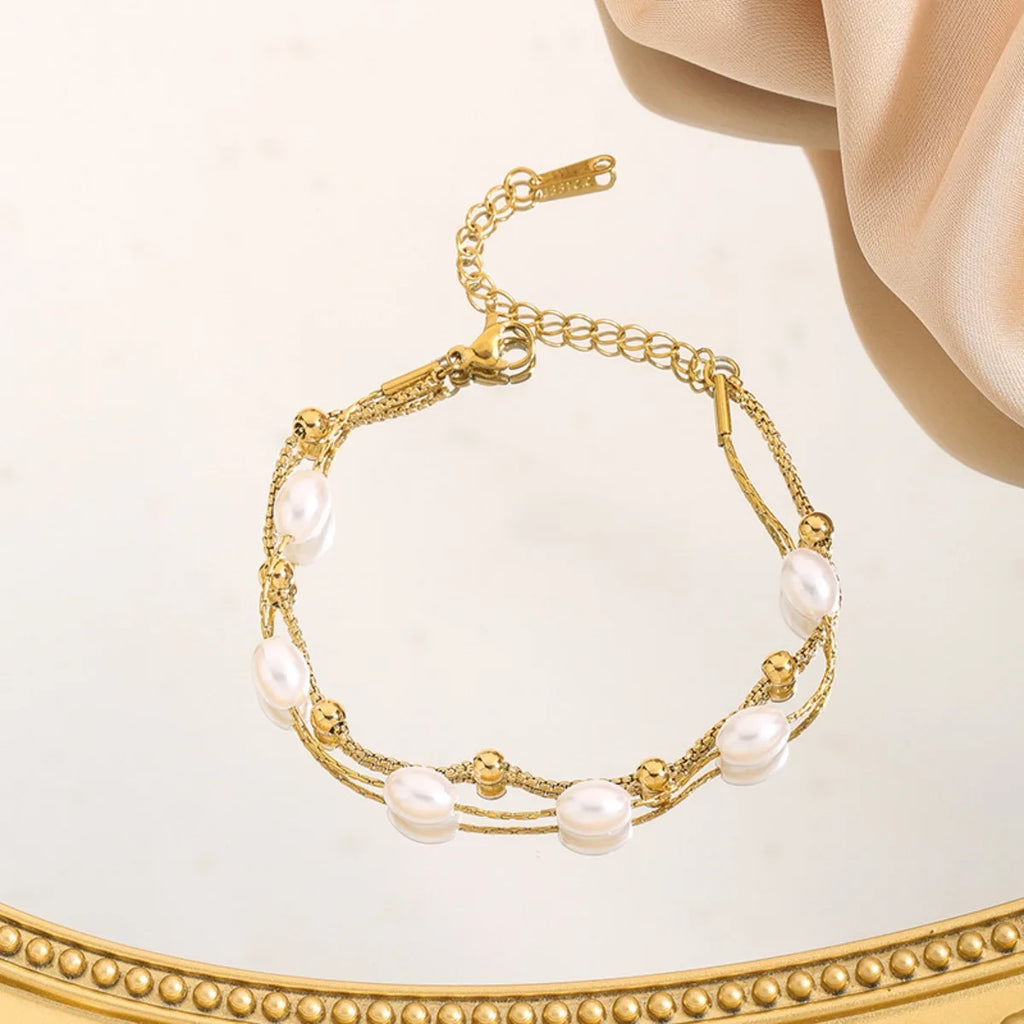 Luxury Double Layer Pearl Bracelet - Stainless Steel Jewelry for Women, Hypoallergenic Gift & Party Bangles Chain Accessories