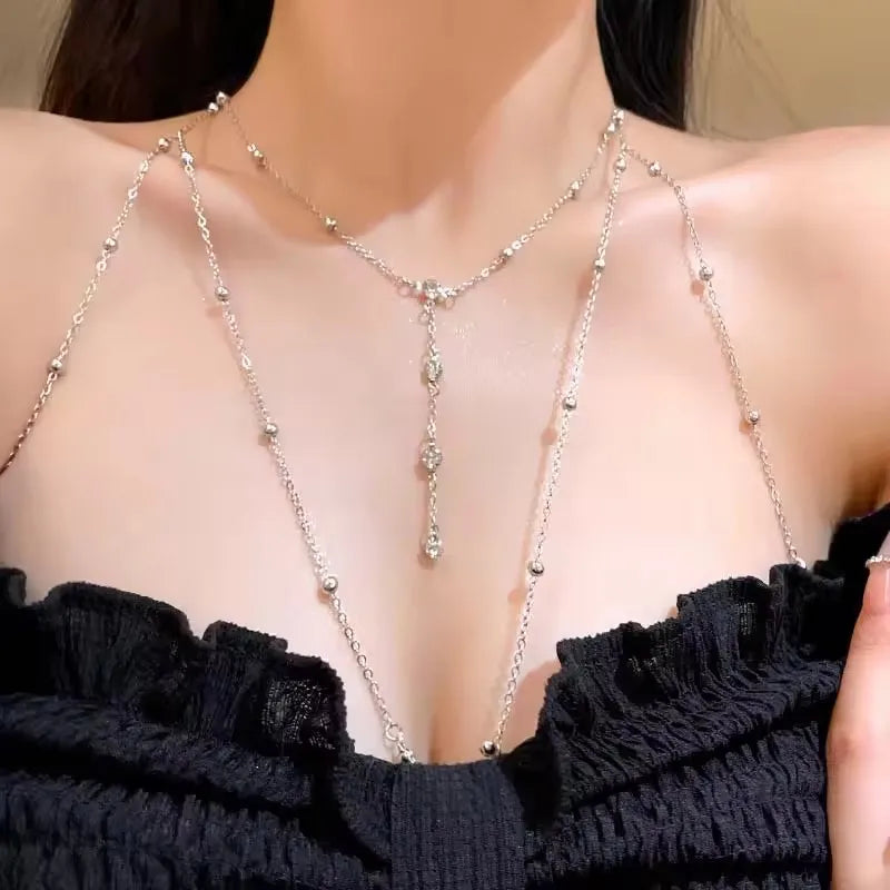 Layered Crystal Chest Chain – Silver Body Jewelry