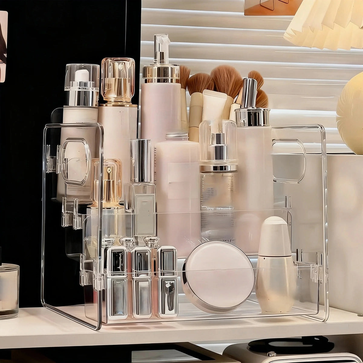 Cosmetics Desktop Storage Box, Acrylic High-Grade Dust-Proof Perfume and Skin Care Product Organizer, Three-Layer Tiered Display and Storage Rack for Dressing Table