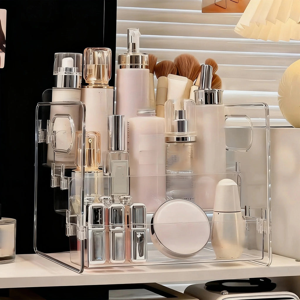 Cosmetics Desktop Storage Box, Acrylic High-Grade Dust-Proof Perfume and Skin Care Product Organizer, Three-Layer Tiered Display and Storage Rack for Dressing Table