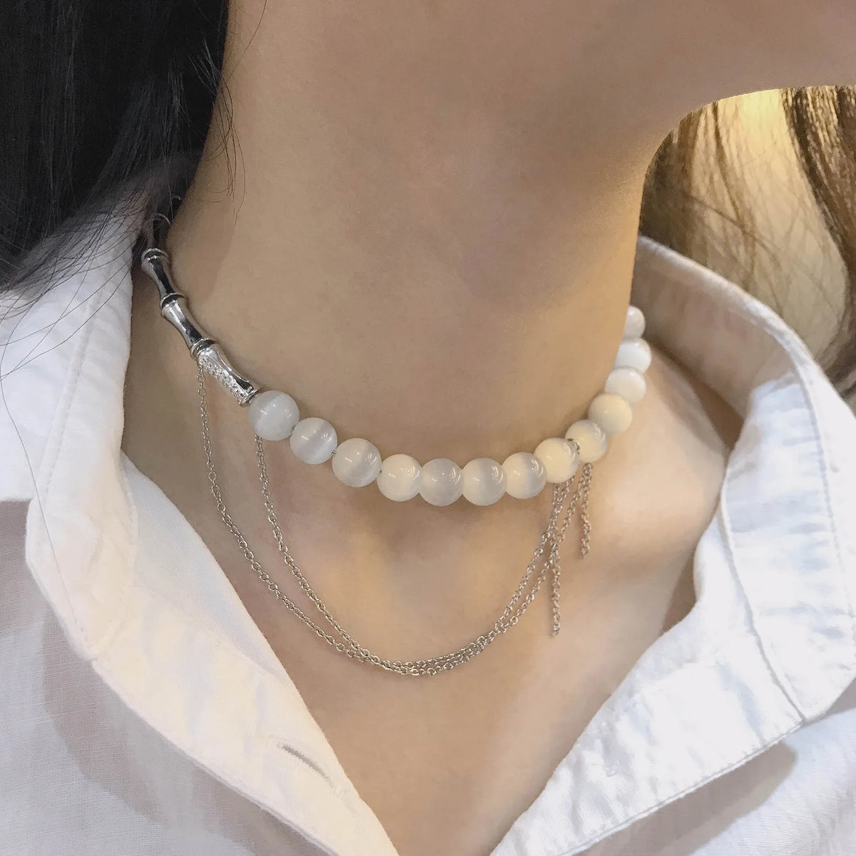 S925 Sterling Silver Bamboo-Link Necklace with Diamonds & Opal