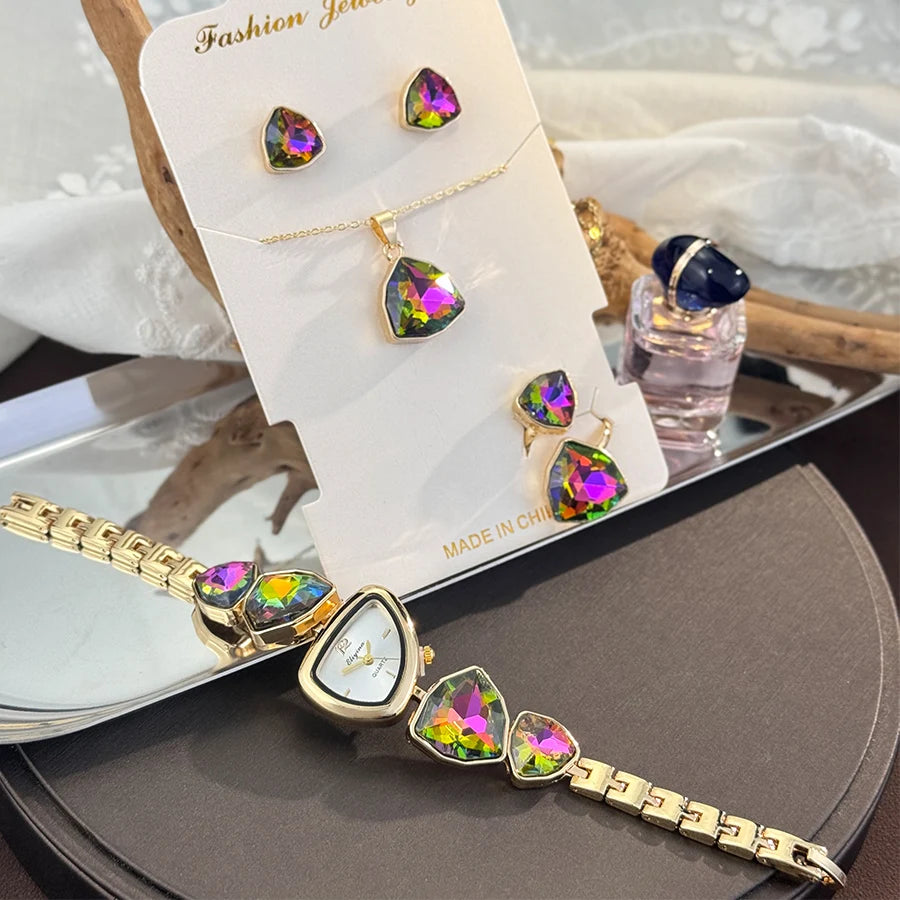 Luxury Ladies Quartz Watch  Colorful Diamond Irregular Shape Necklace Ring Earrings Jewelry Set Four-Piece Gift Set Trendsetter