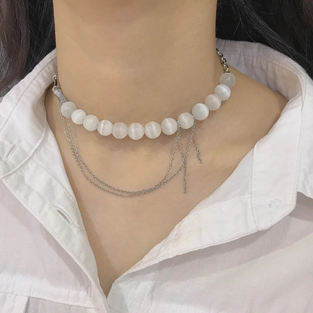 S925 Sterling Silver Bamboo-Link Necklace with Diamonds & Opal