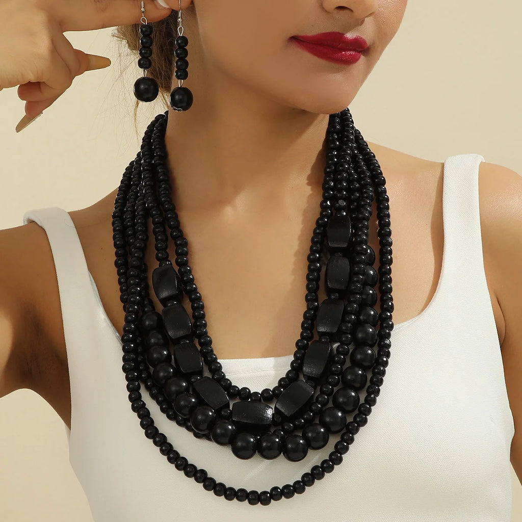 Bohemian Wooden Bead Necklace & Earring Set