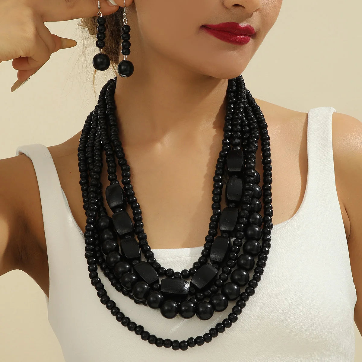 Bohemian Wooden Bead Necklace & Earring Set