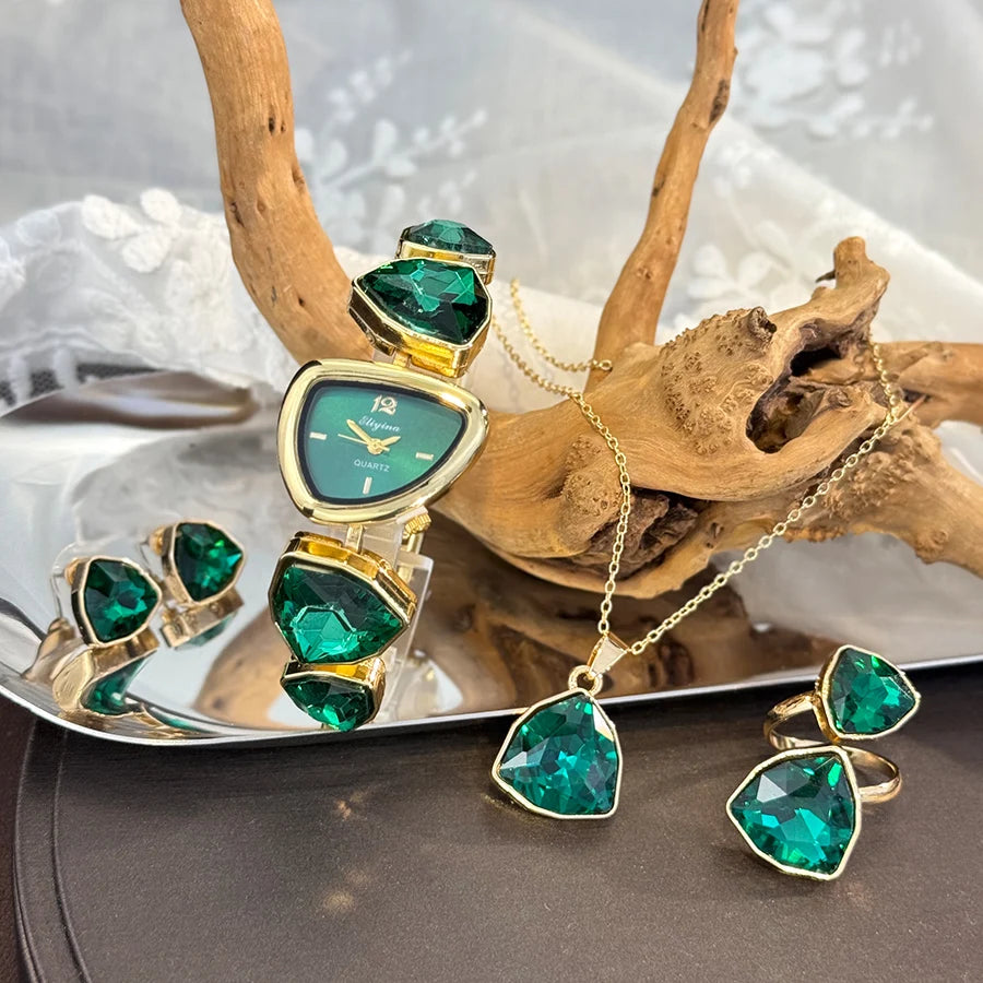 Luxury Ladies Quartz Watch  Colorful Diamond Irregular Shape Necklace Ring Earrings Jewelry Set Four-Piece Gift Set Trendsetter