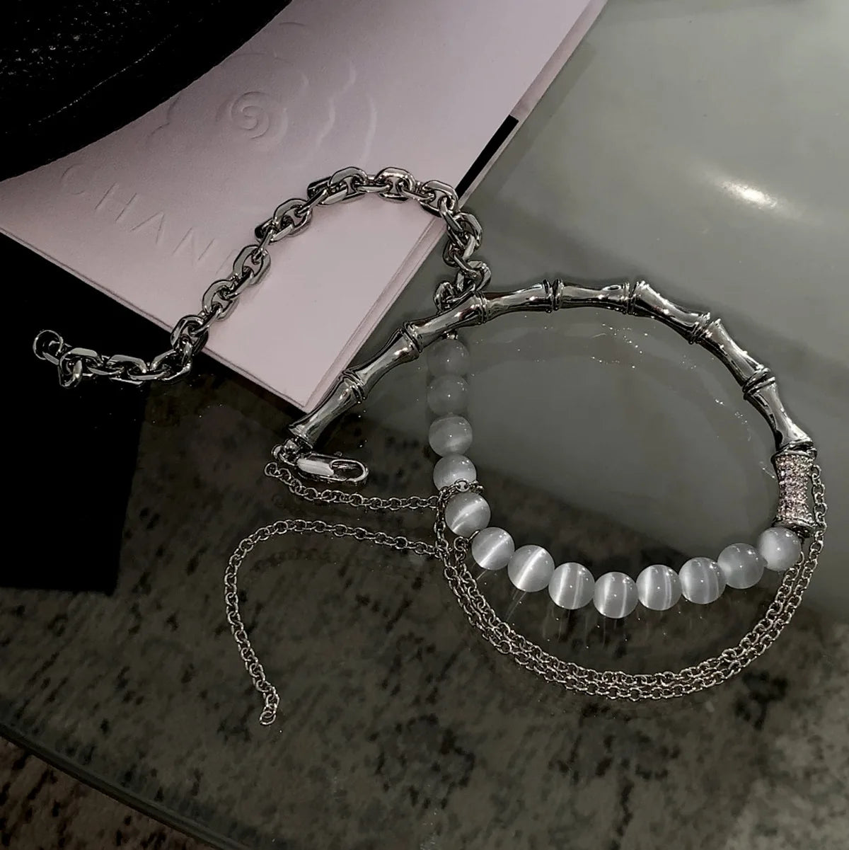 S925 Sterling Silver Bamboo-Link Necklace with Diamonds & Opal