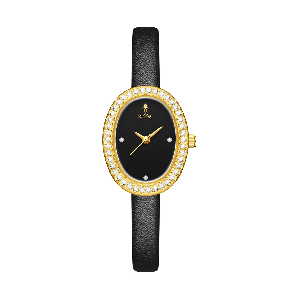 YaLaLuSi Luxury Ladies’ Watch with Rhinestone-Trimmed Oval Dial, Leather Strap and Water-Resistant Quartz Movement