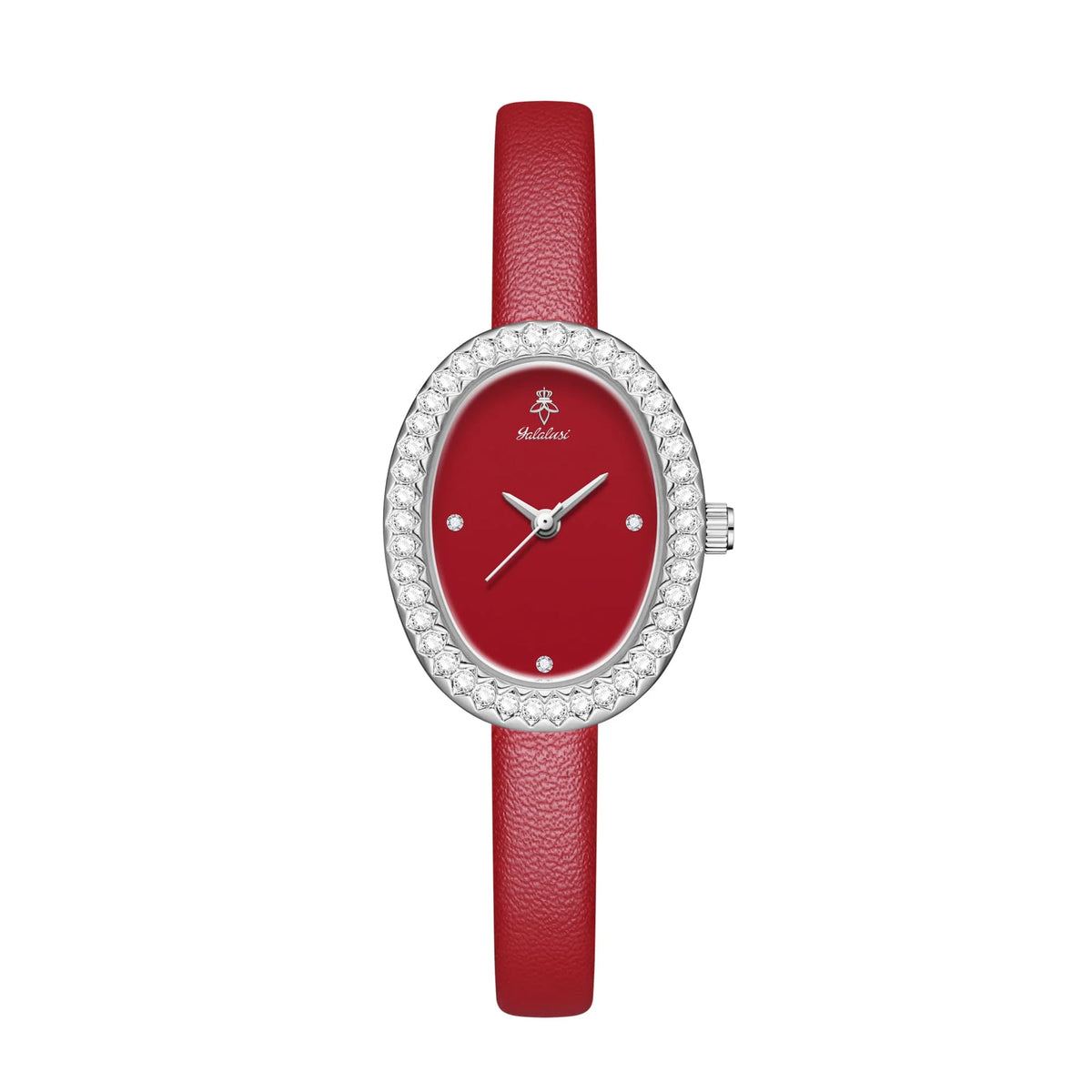 YaLaLuSi Luxury Ladies’ Watch with Rhinestone-Trimmed Oval Dial, Leather Strap and Water-Resistant Quartz Movement