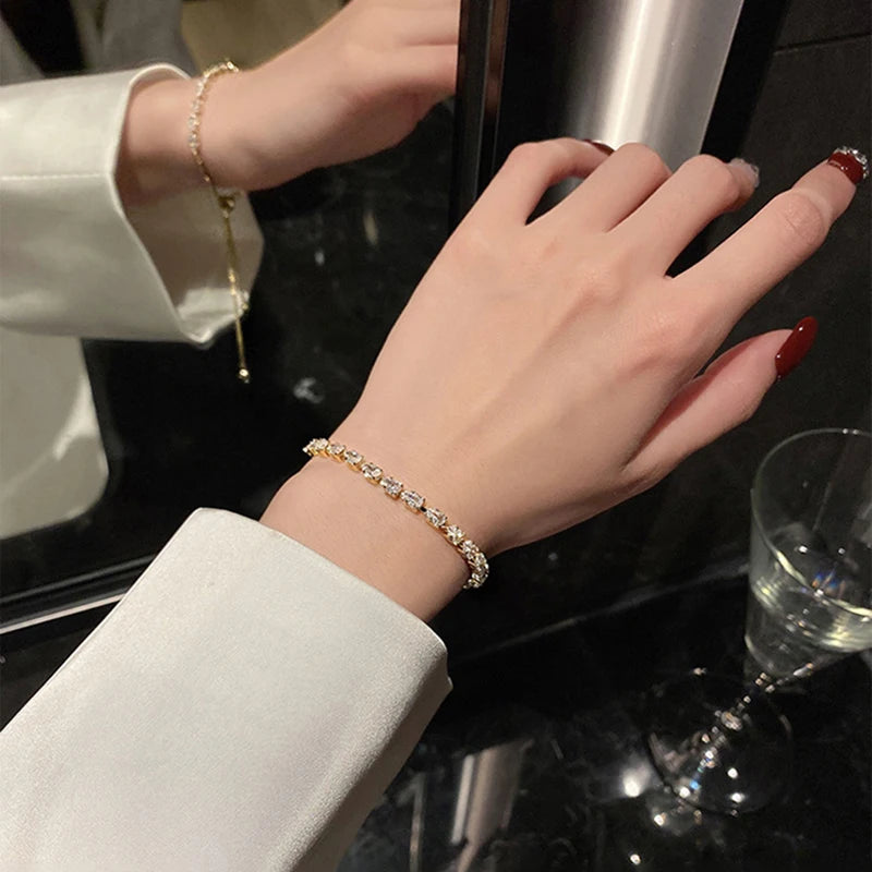 Luxury Adjustable Bracelet Women's Fashion Temperament Geometric Square Rhinestone Bracelet Wristband Party Wedding Jewelry K-