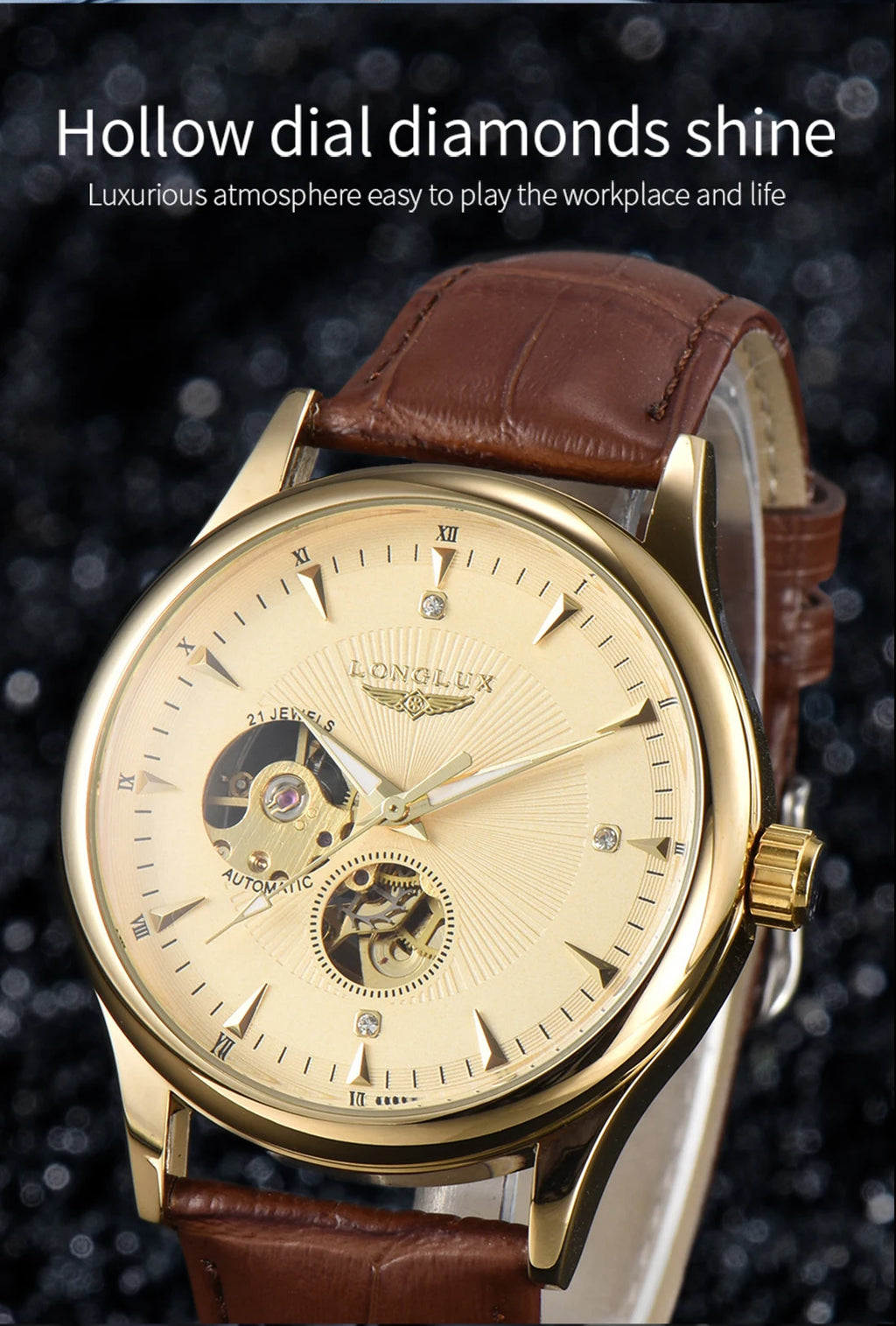LONGLUX Automatic Watch Elegant Style Wholesale Mechanical Wristwatches Skeleton Rome Waterproof Mens Watch Men Gift