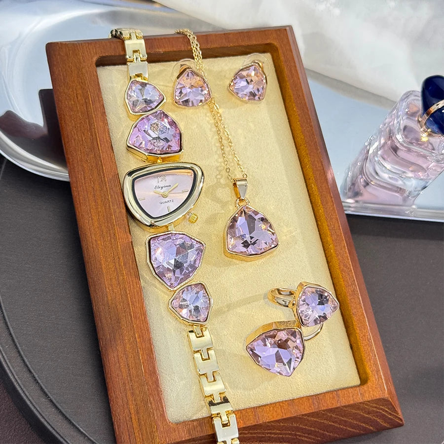 Luxury Ladies Quartz Watch  Colorful Diamond Irregular Shape Necklace Ring Earrings Jewelry Set Four-Piece Gift Set Trendsetter