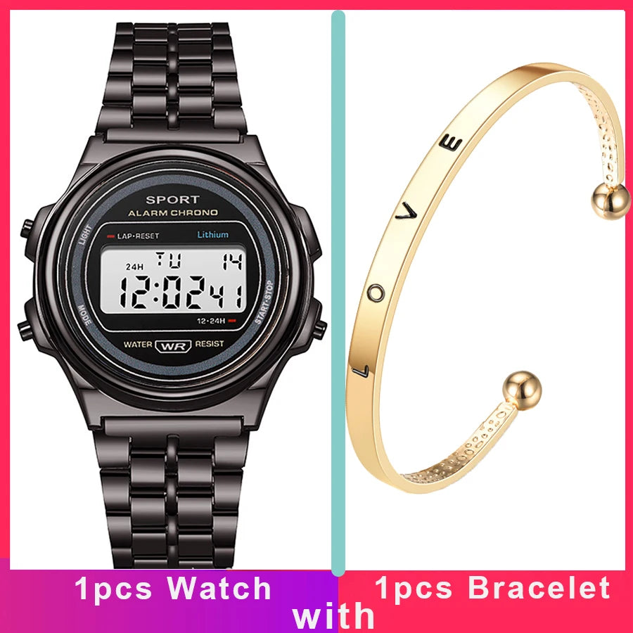 Light-luxury Women Watches Set Ladies Electronic Wristwatch with Bracelet Retro Style LED Digital Display Sports Clock