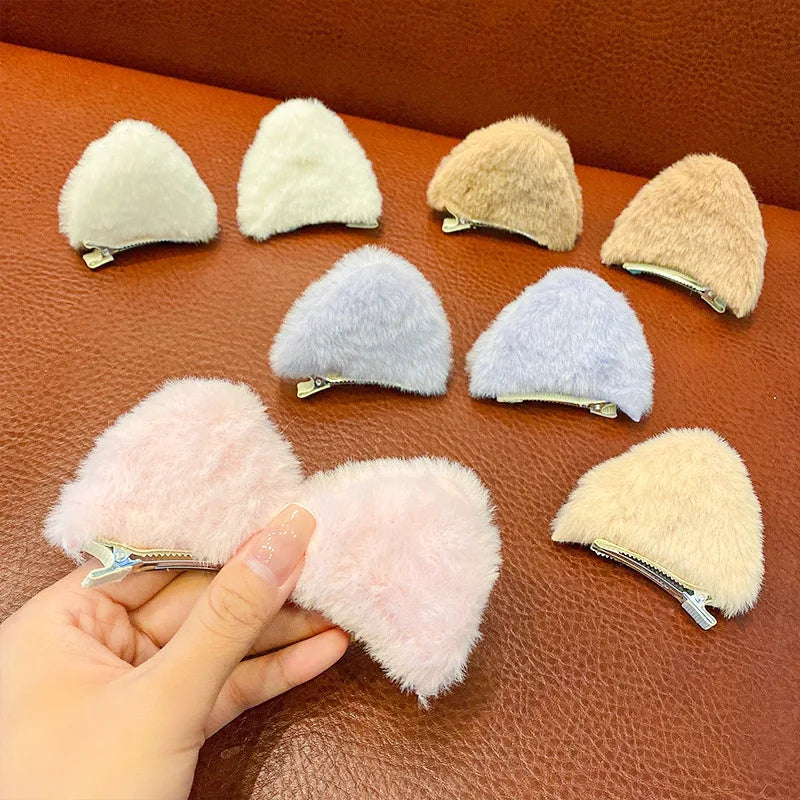 2 PCS/Set Girls Cute Solid Cat Ear Fluff Hair Clips Korean Cartoon Animal Ears Hairpins Barrettes Kids Headwear Hair Accessories