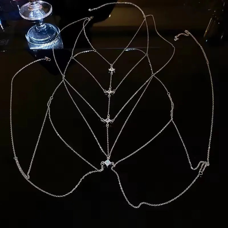 Layered Crystal Chest Chain – Silver Body Jewelry