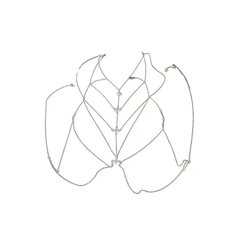 Layered Crystal Chest Chain – Silver Body Jewelry