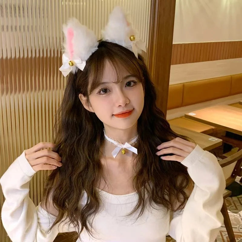 Sexy Cat Ears Headband for Women Girls Lace Bow Necklace Plush Bell Hairband Cosplay Masquerade-Party Costume Hair Accessories
