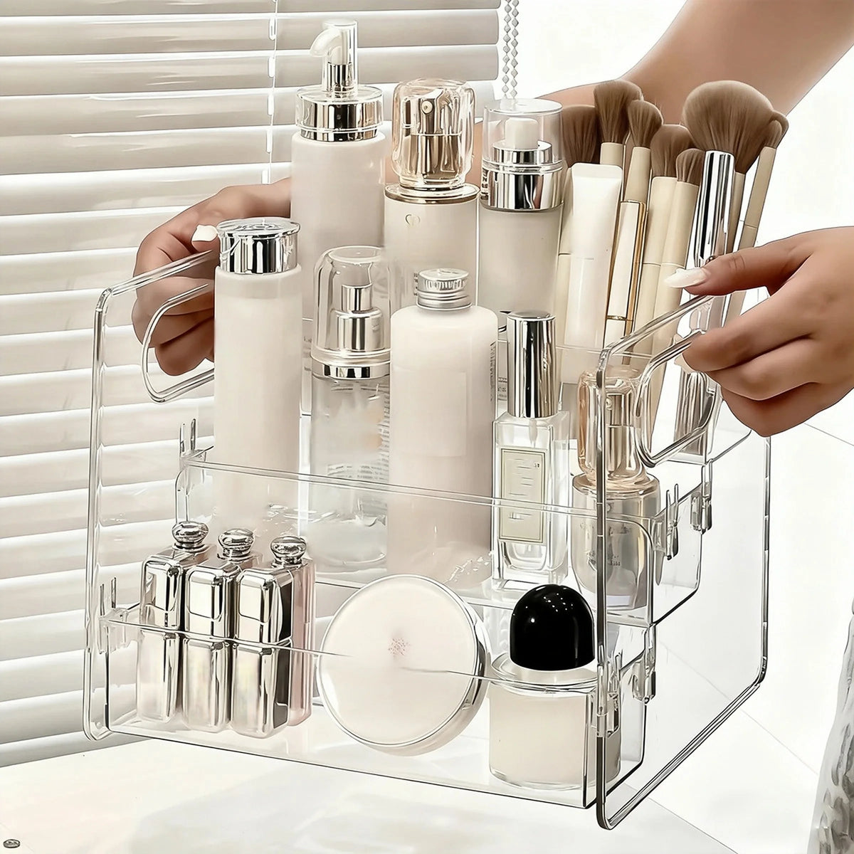 Cosmetics Desktop Storage Box, Acrylic High-Grade Dust-Proof Perfume and Skin Care Product Organizer, Three-Layer Tiered Display and Storage Rack for Dressing Table