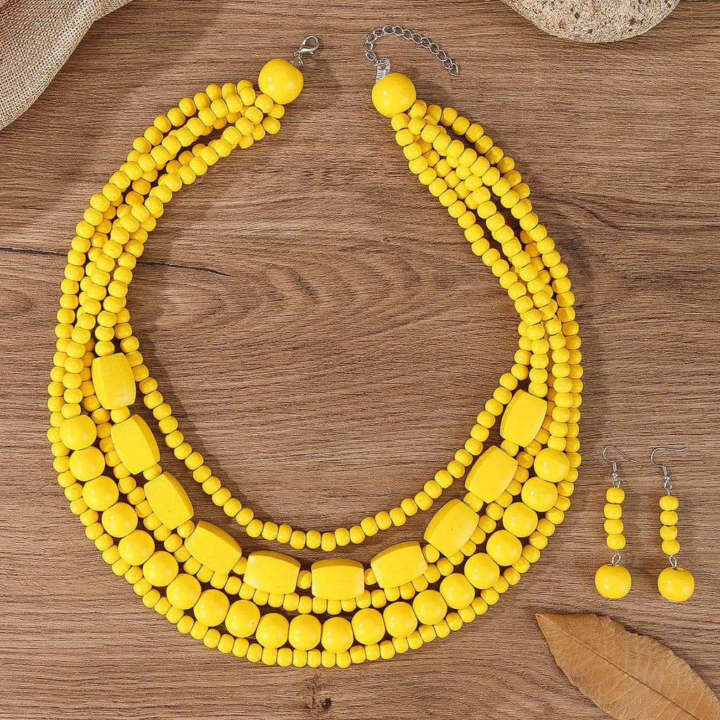 Bohemian Wooden Bead Necklace & Earring Set