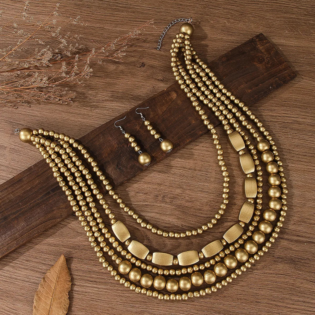Bohemian Wooden Bead Necklace & Earring Set