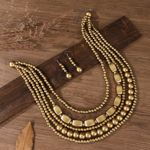 Bohemian Wooden Bead Necklace & Earring Set