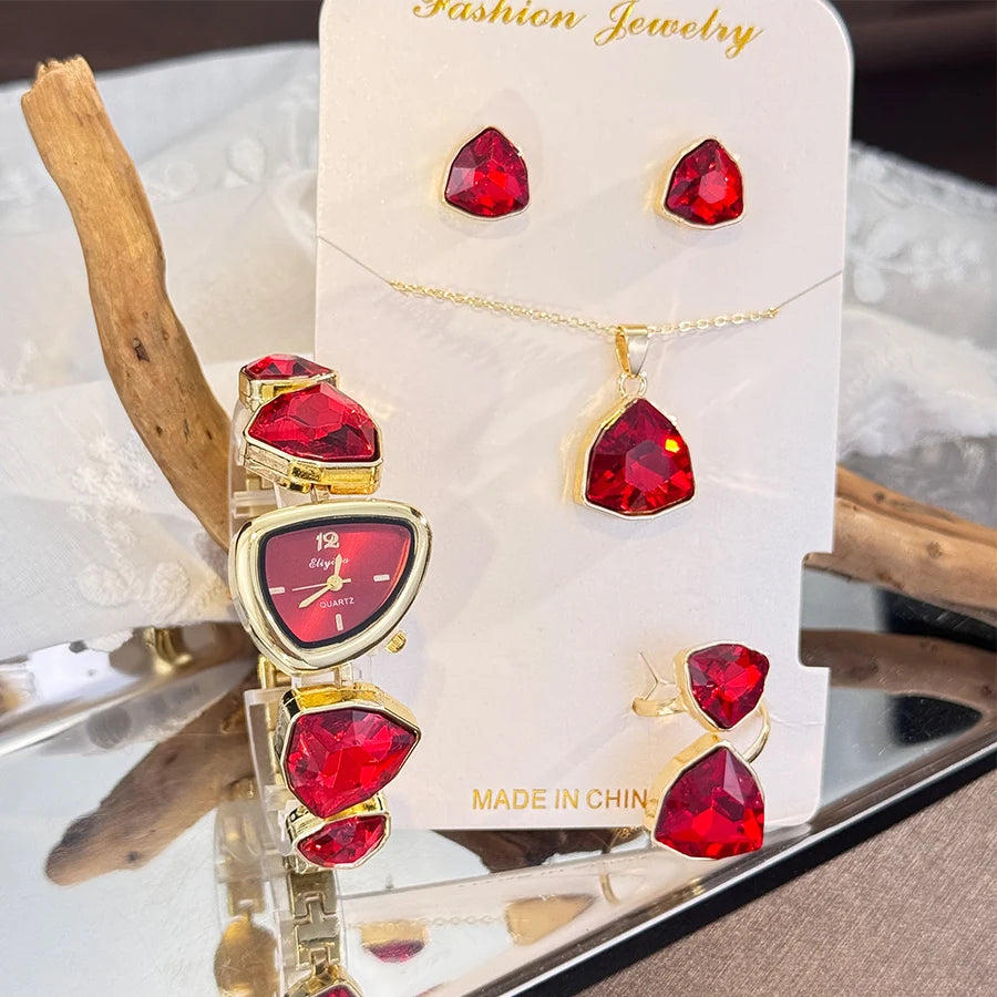 Luxury Ladies Quartz Watch  Colorful Diamond Irregular Shape Necklace Ring Earrings Jewelry Set Four-Piece Gift Set Trendsetter