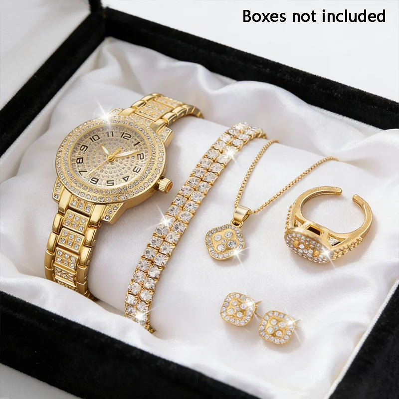 Women's Gold Quartz Diamond Bracelet Watch Set