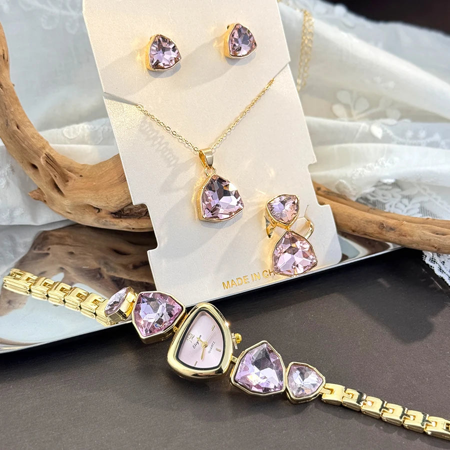 Luxury Ladies Quartz Watch  Colorful Diamond Irregular Shape Necklace Ring Earrings Jewelry Set Four-Piece Gift Set Trendsetter