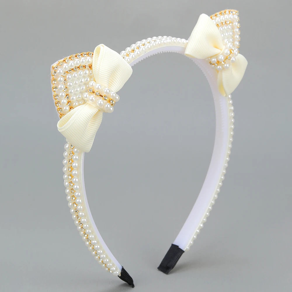 Cat Ear Headbands Sweet Cute Ears Elegant Pearl Bow Hairband For Girls Sweet Head Band Children Kid Hair Hoop Accessories Tiara
